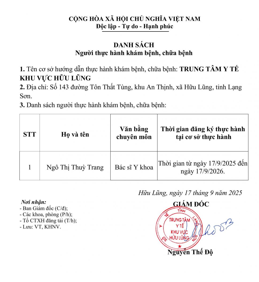 Danh sách người thực hành khám bệnh, chữa bệnh