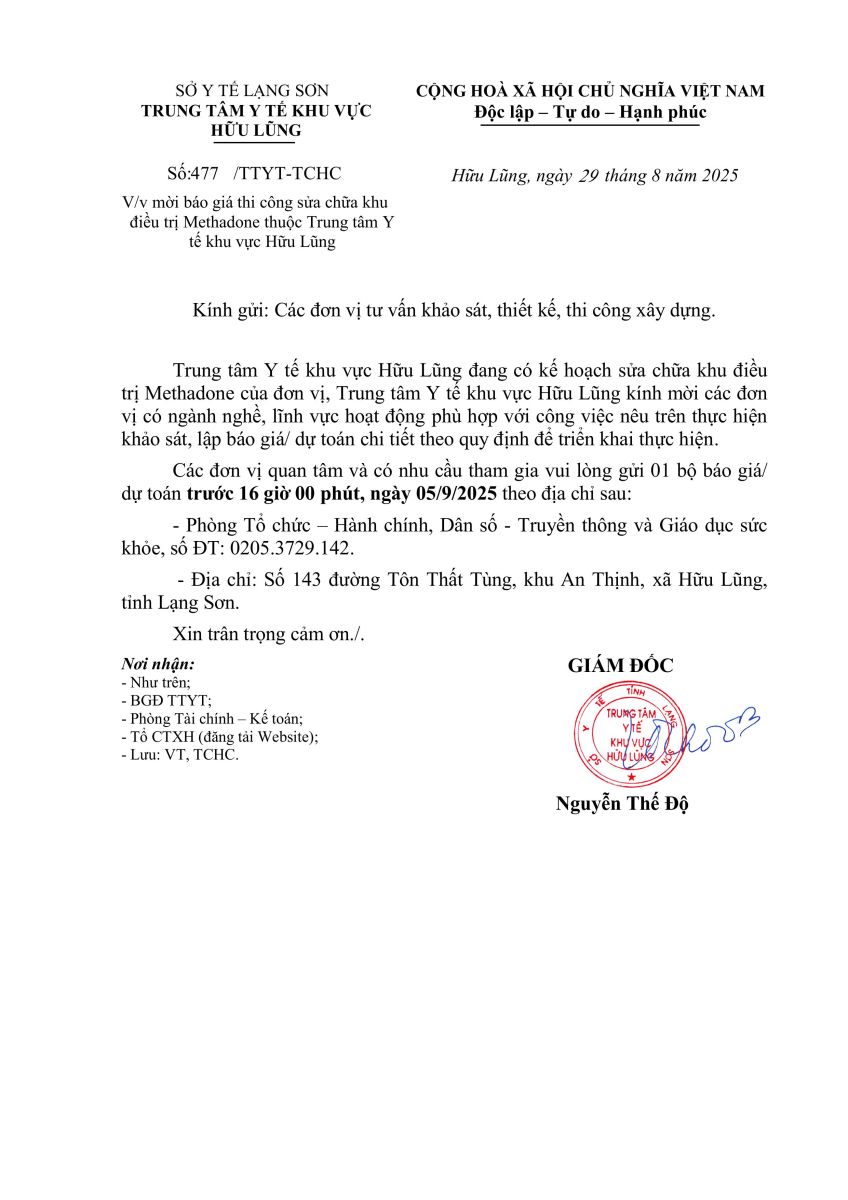 Thông báo mời báo giá thi công sửa chữa khu điều trị Methadone thuộc Trung tâm Y tế khu vực Hữu Lũng