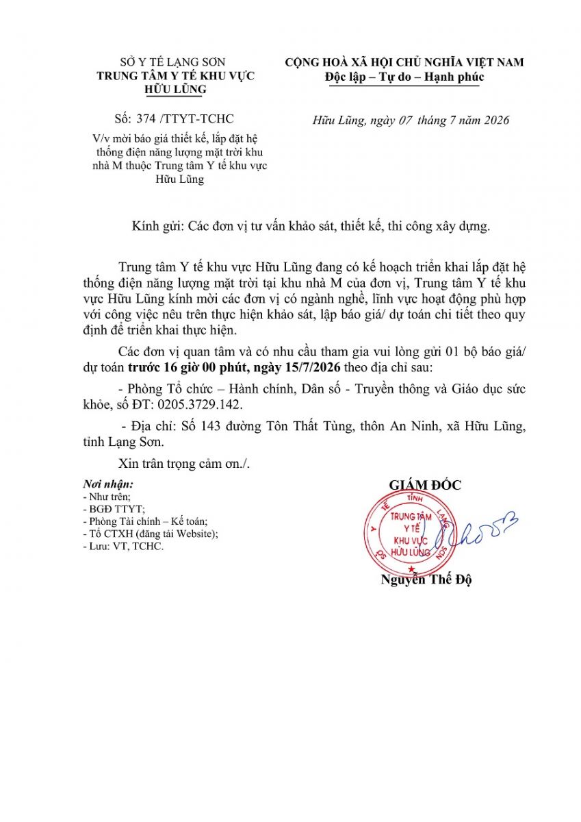 Thông báo mời báo giá thiết kế, lắp đặt hệ thống điện năng lượng mặt trời khu nhà M thuộc Trung tâm Y tế khu vực  Hữu Lũng
