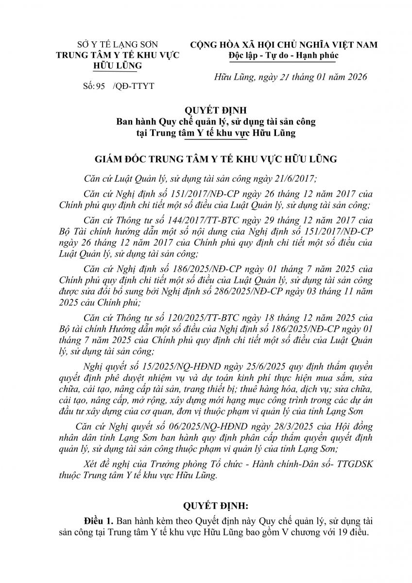 Quyết định ban hành Quy chế quản lý, sử dụng tài sản công tại Trung tâm Y tế khu vực Hữu Lũng