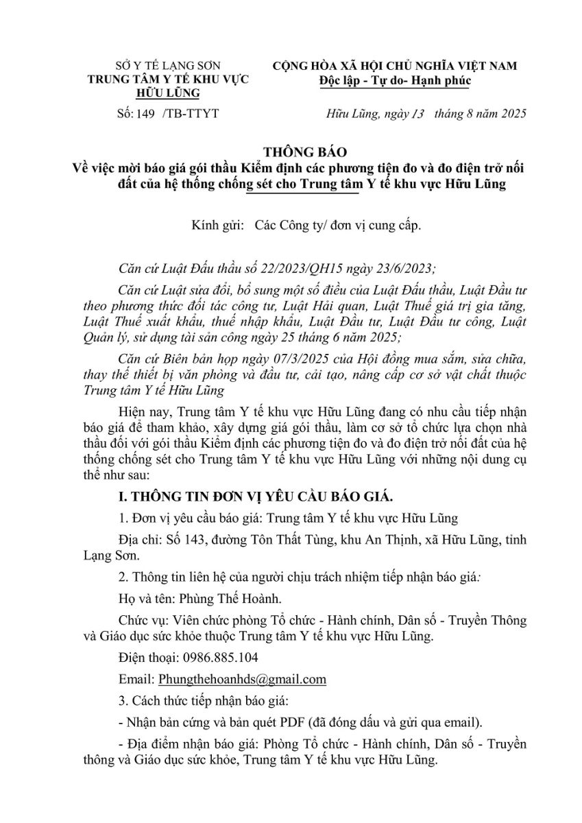 Thông báo báo giá gói thầu Kiểm định các phương tiện đô và đo điện trở nối đất của hệ thống chống sét