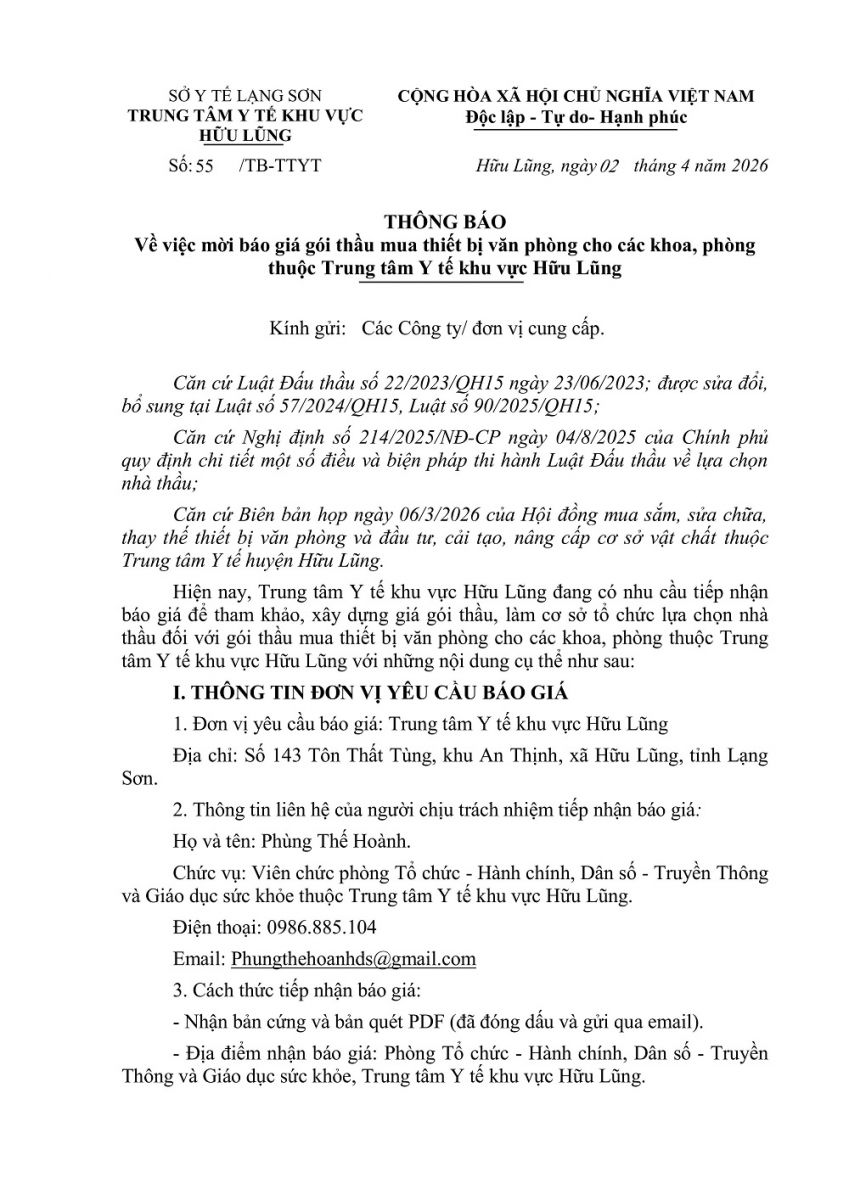 Thông báo mời báo giá gói thầu mua thiết bị văn phòng cho các khoa, phòng thuộc Trung tâm Y tế khu vực Hữu Lũng