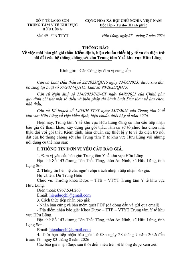 Thông báo về việc mời báo giá gói thầu Kiểm định, hiệu chuẩn thiết bị y tế và đo điện trở  nối đất của hệ thống chống sét cho Trung tâm Y tế khu vực Hữu Lũng