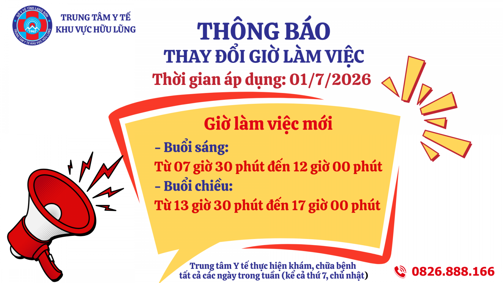 Thông báo Giờ làm việc hành chính của Trung tâm Y tế khu vực Hữu Lũng